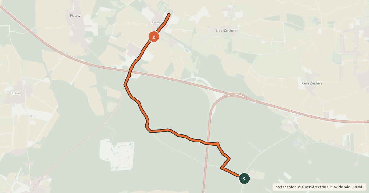 Kartenübersicht der Radroute Oberkrämer (20) - Kremmen (34)