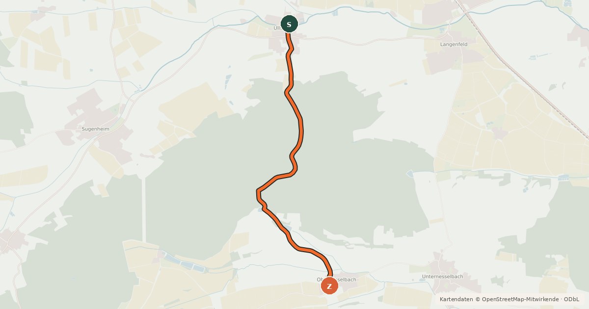 Kartenübersicht der Radroute Obernesselbach - Ullstadt