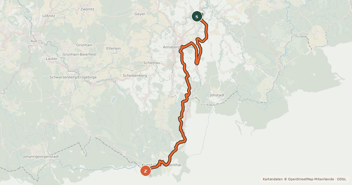 Kartenübersicht der Radroute Oberwiesenthal - Thermalbad Wiesenbad