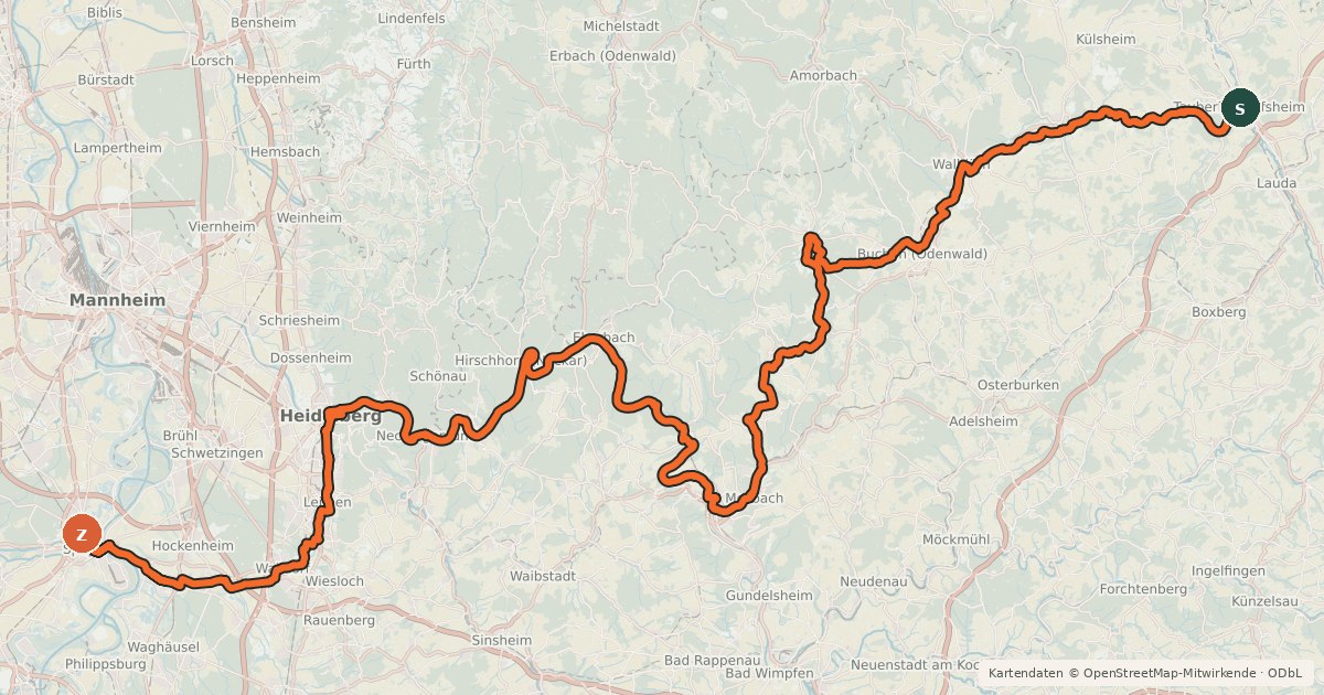 Kartenübersicht der Radroute Odenwald-Madonnen-Weg