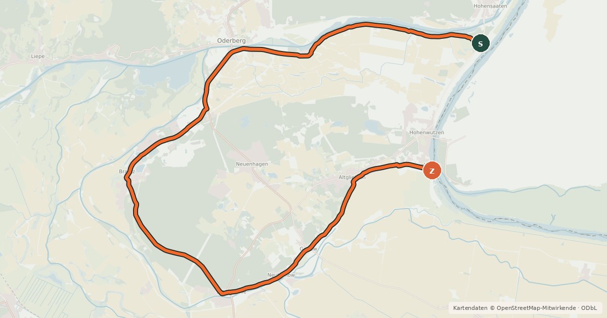 Kartenübersicht der Radroute Oderbruch Kurzroute 1