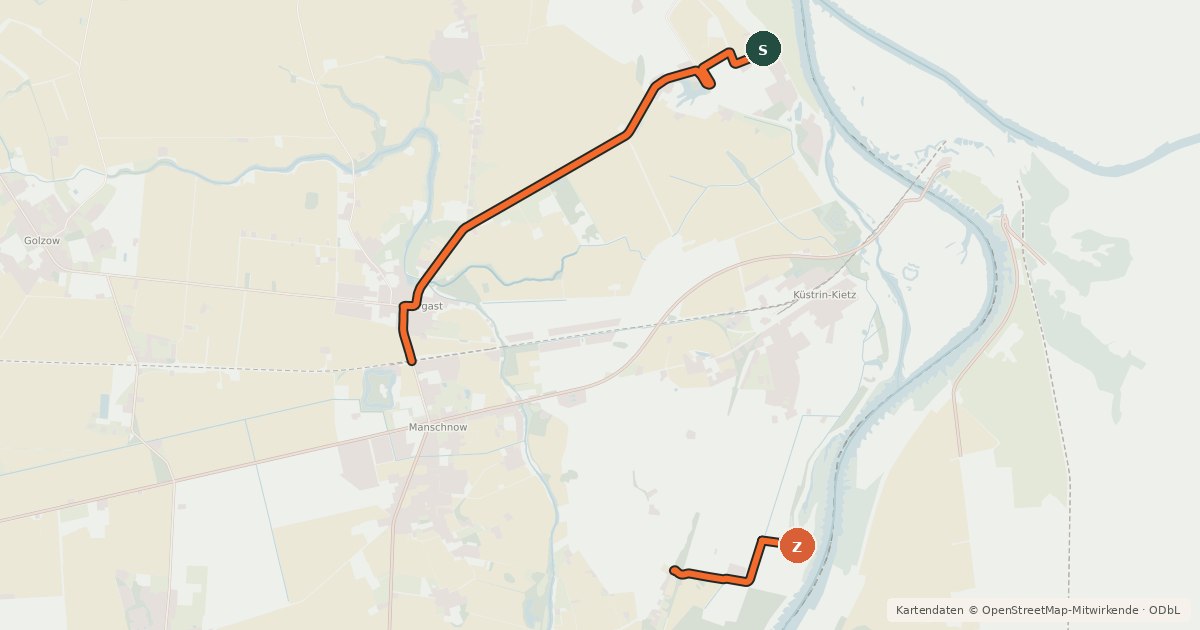 Kartenübersicht der Radroute Oderbruch Kurzroute 10