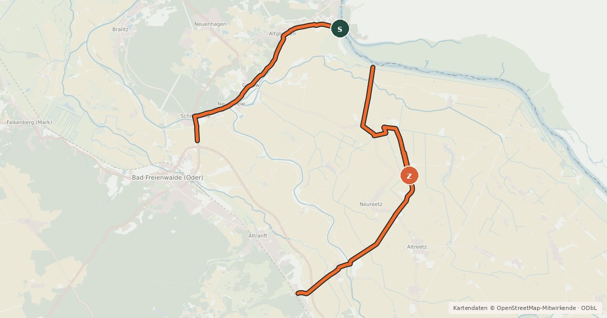Kartenübersicht der Radroute Oderbruch Kurzroute 2