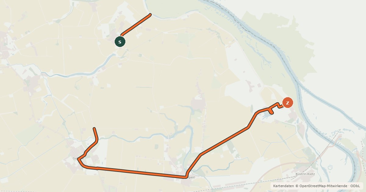 Kartenübersicht der Radroute Oderbruch Kurzroute 9
