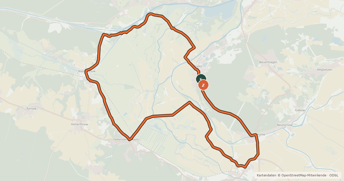 Kartenübersicht der Radroute Oderbruch Zusatzroute 1