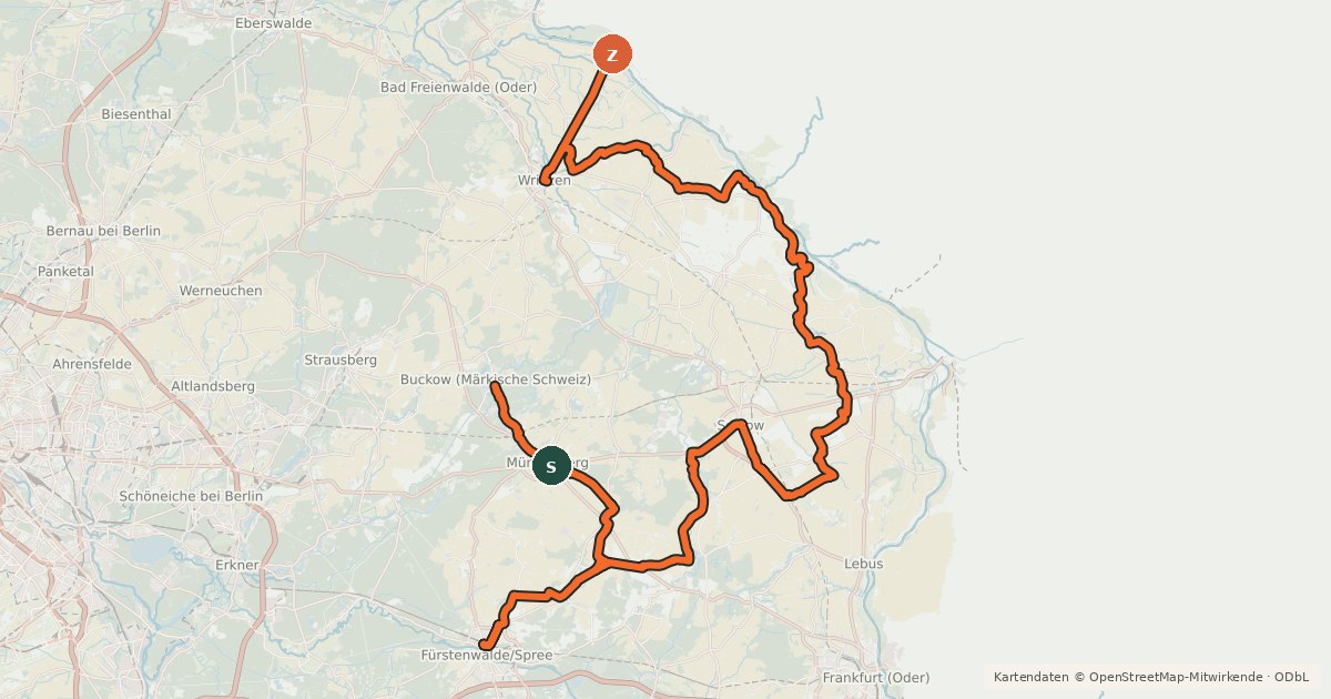 Kartenübersicht der Radroute Oderbruchbahn-Radweg