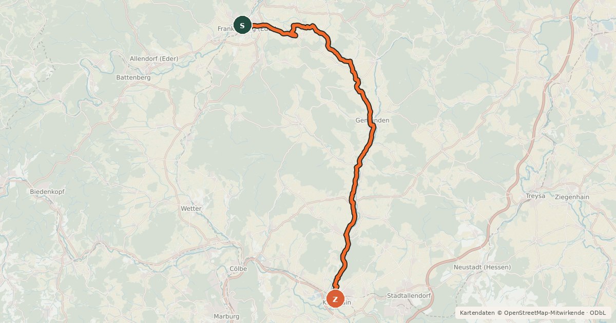 Kartenübersicht der Radroute Ohm-Eder-Radweg