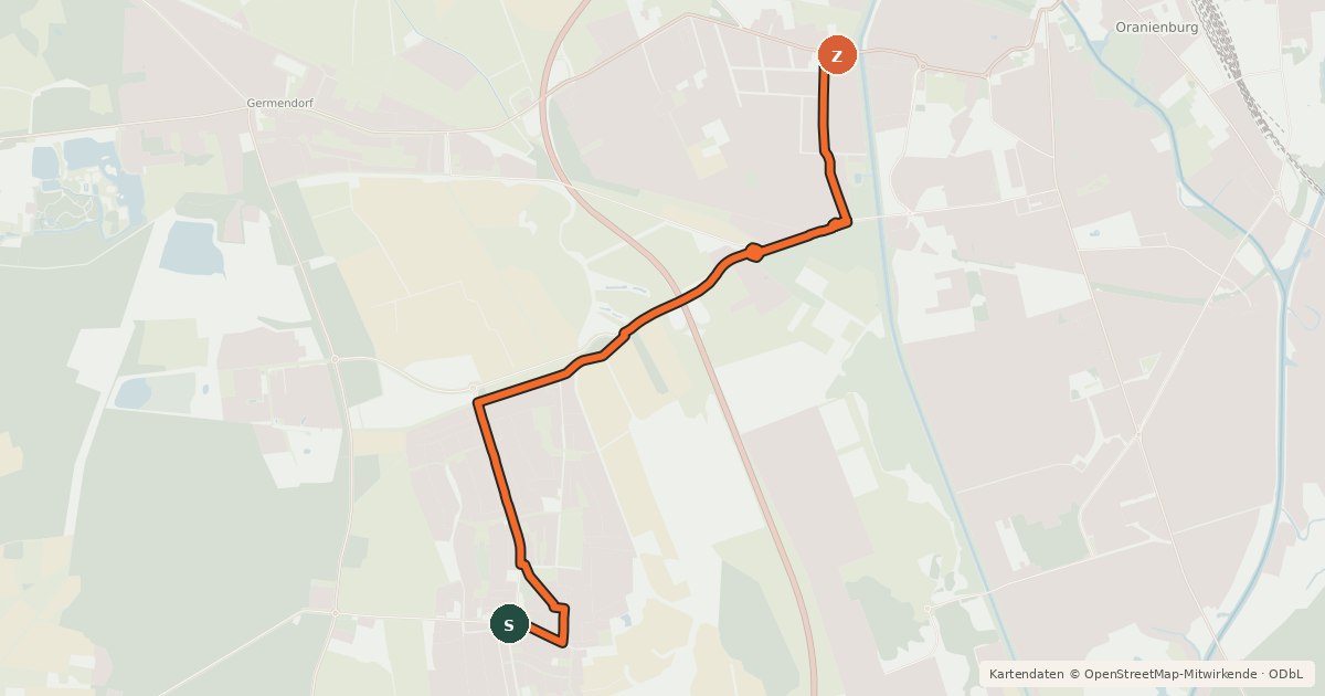 Kartenübersicht der Radroute Oranienburg (61) - Leegebruch (99)