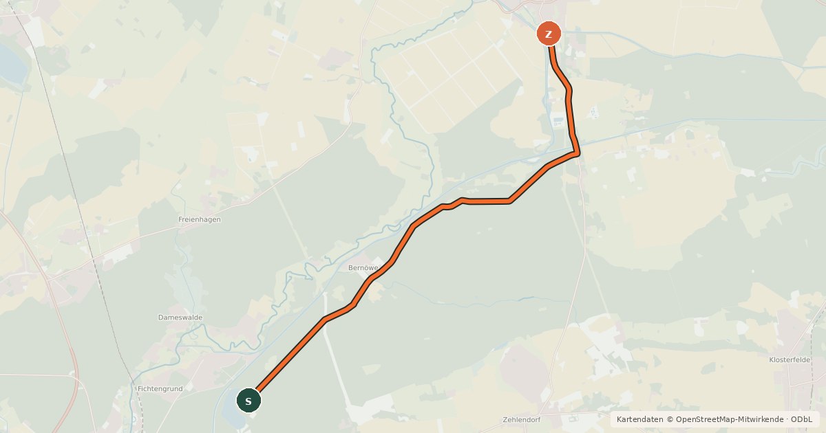 Kartenübersicht der Radroute Oranienburg (66) - Liebenwalde (75)