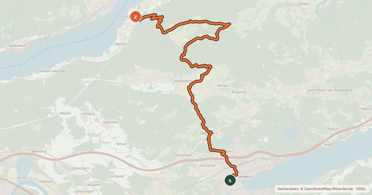 Kartenübersicht der Radroute Ossiacher See zum Wörthersee