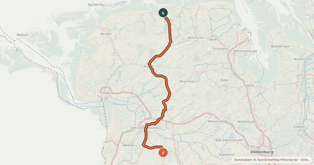 Kartenübersicht der Radroute Ostfriesland-Wanderweg
