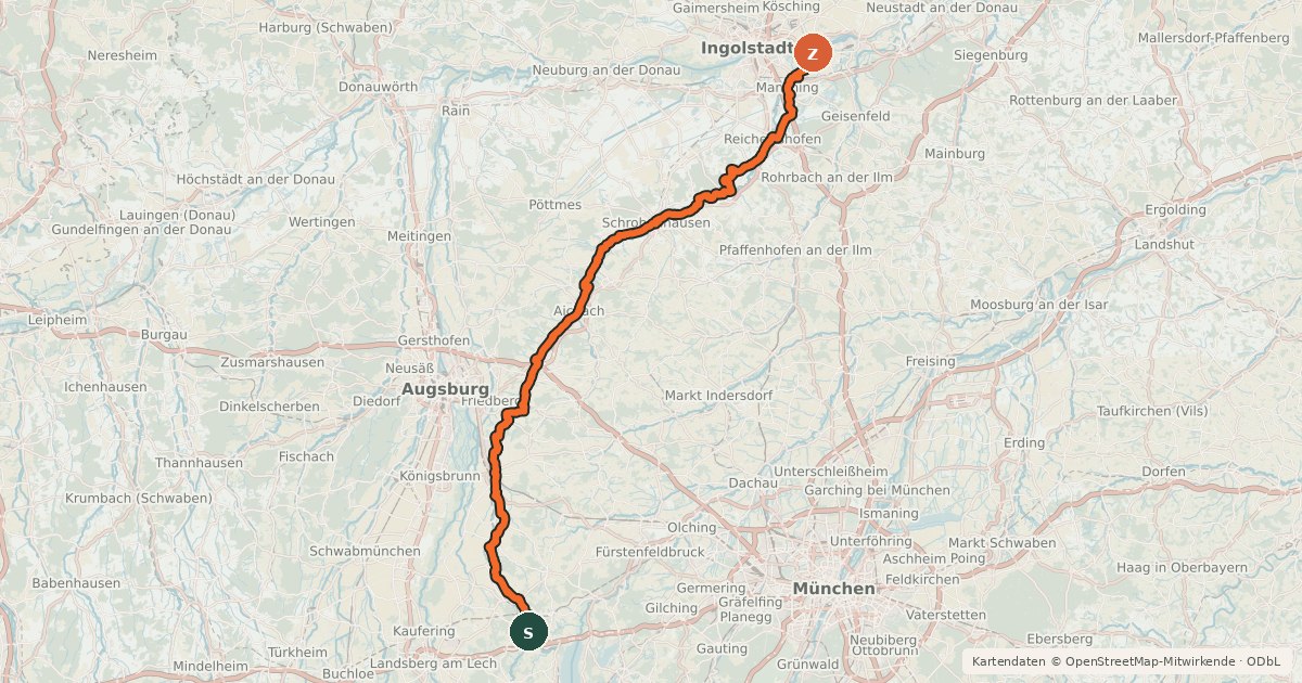 Kartenübersicht der Radroute Paartaltour