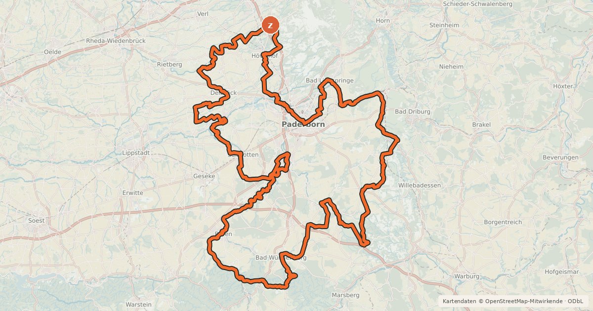 Kartenübersicht der Radroute Paderborner Land Route