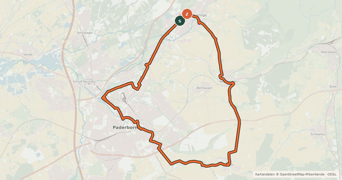Kartenübersicht der Radroute Paderborner Radroute PB2
