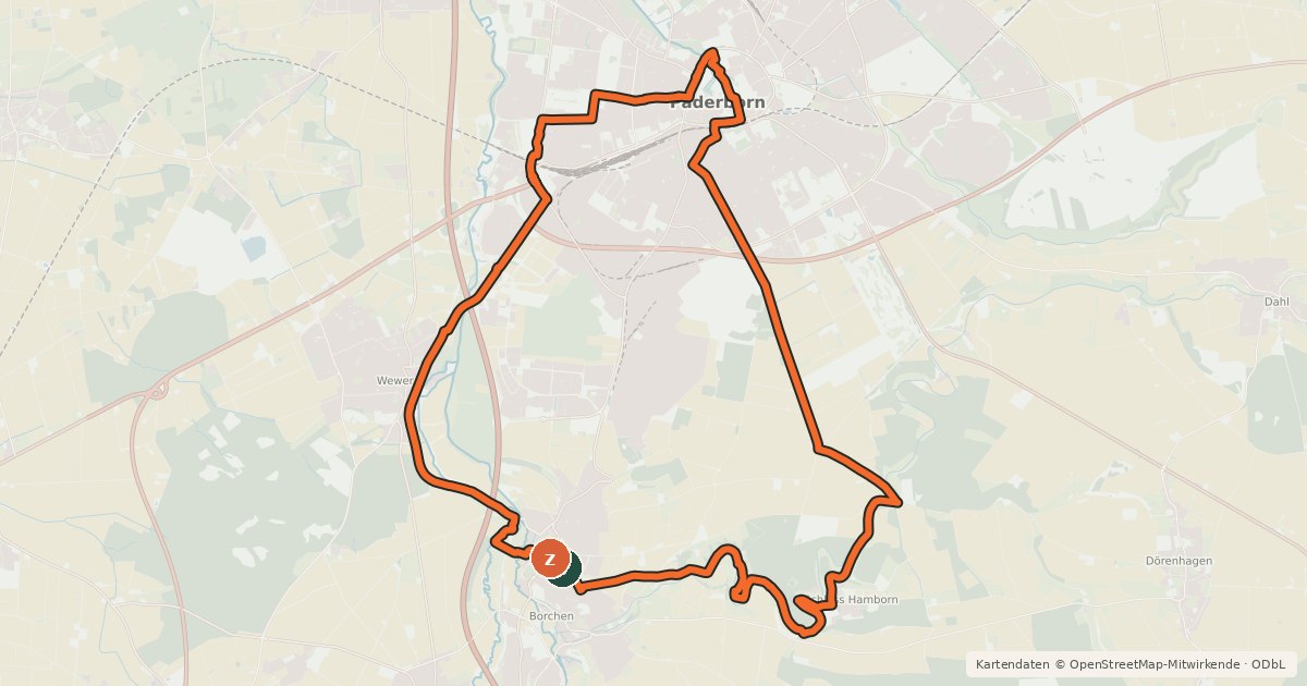Kartenübersicht der Radroute Paderborner Radroute PB3