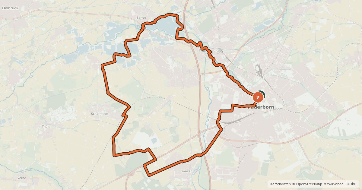 Kartenübersicht der Radroute Paderborner Radroute PB4
