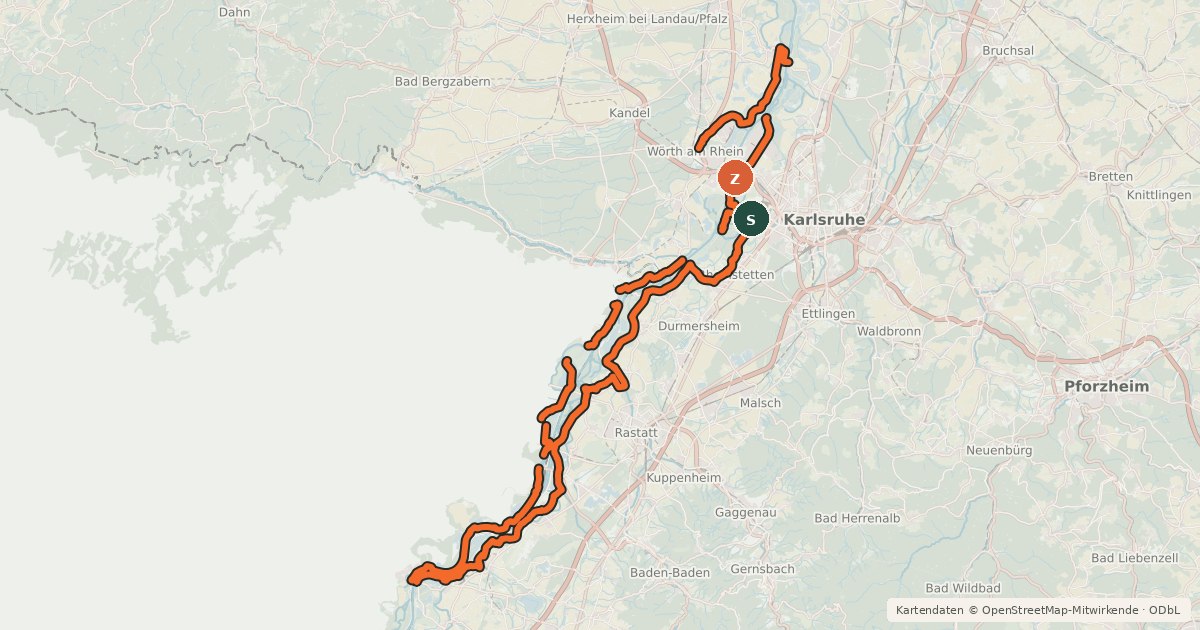 Kartenübersicht der Radroute PAMINA Radweg Rheinauen