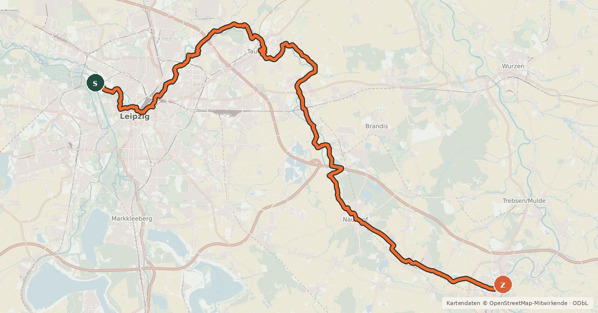 Kartenübersicht der Radroute Parthe–Mulde-Radroute
