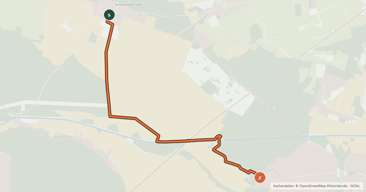 Kartenübersicht der Radroute Pausin (4) - Schönwalde (7)