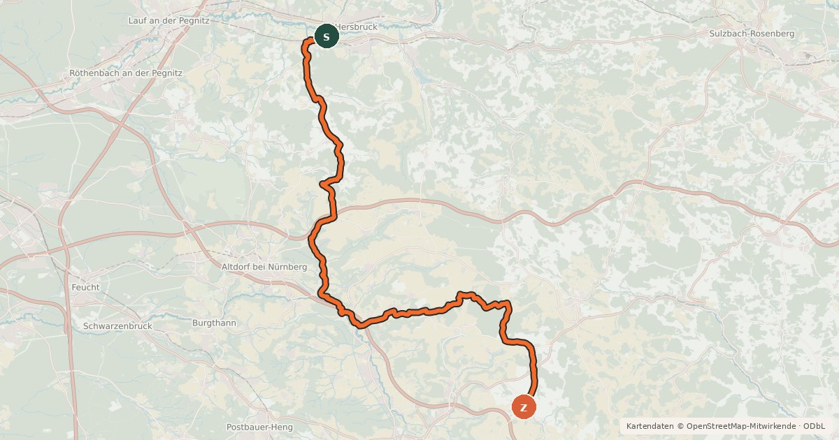 Kartenübersicht der Radroute Pegnitz-Laber-Radweg