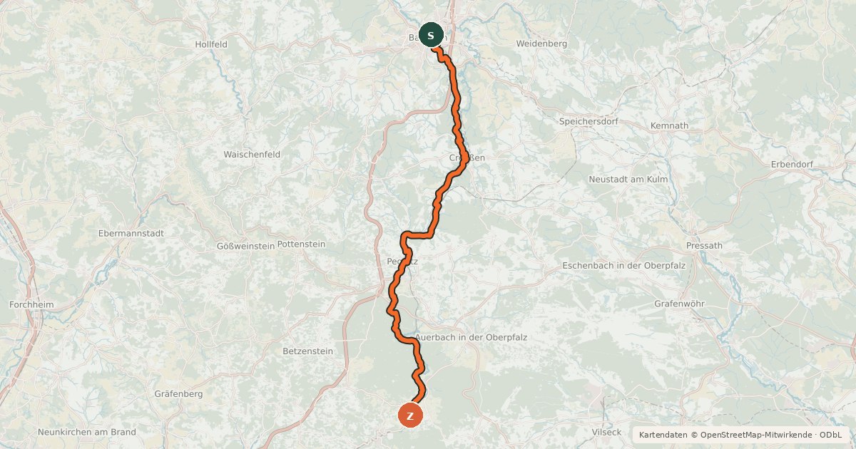 Kartenübersicht der Radroute Pegnitz-Radweg
