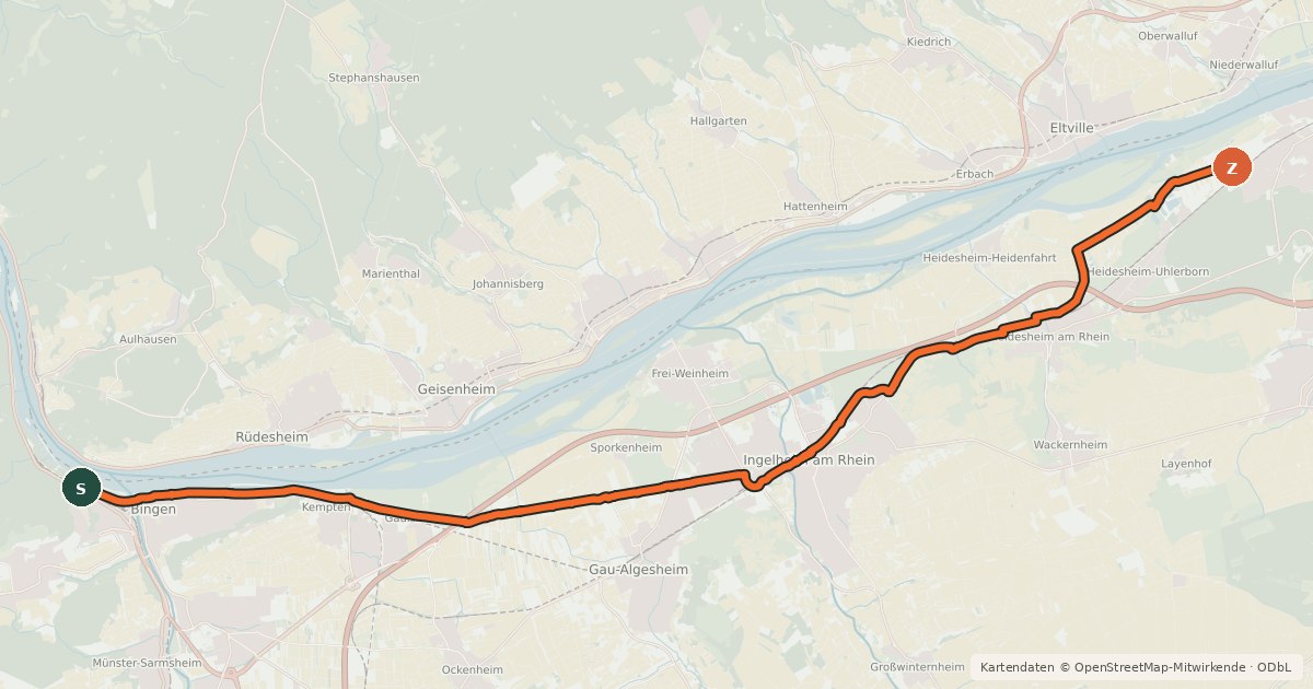 Kartenübersicht der Radroute Pendlerradroute Bingen-Mainz