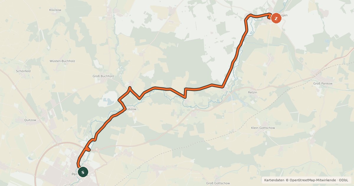 Kartenübersicht der Radroute Perleberg (20) - Groß Pankow (61)