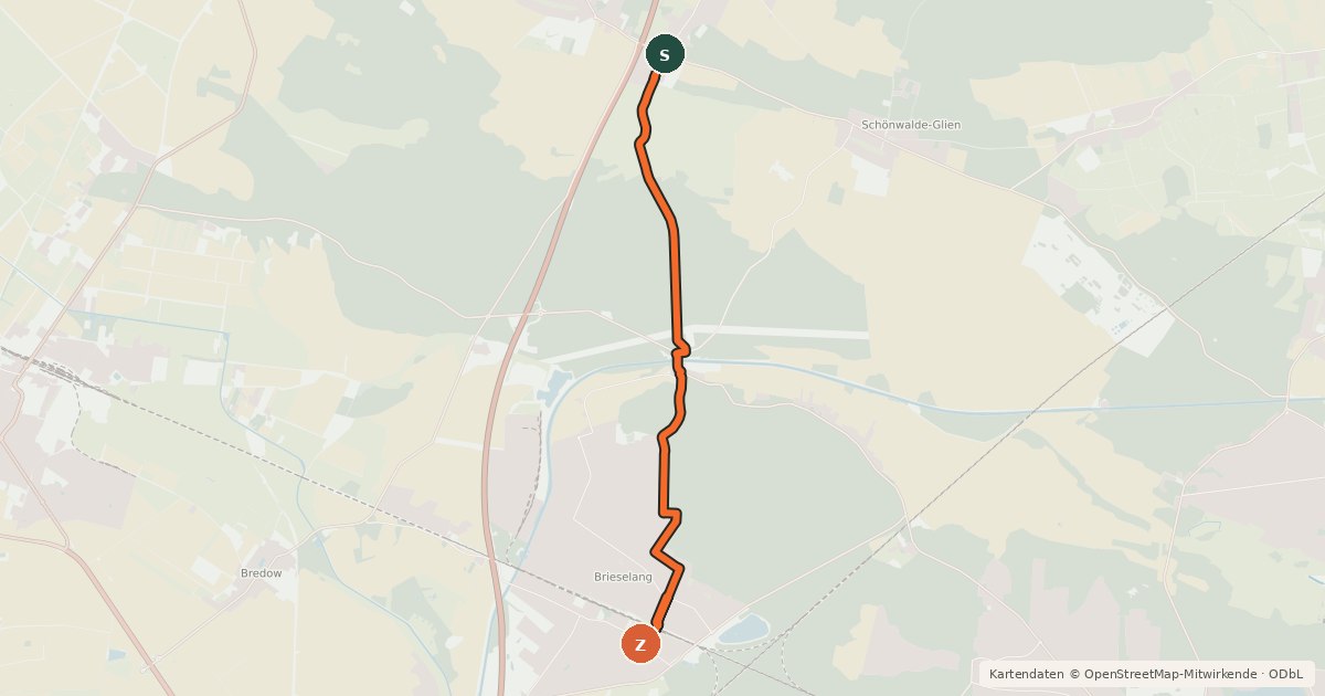 Kartenübersicht der Radroute Perwenitz (5) - Brieselang (60)