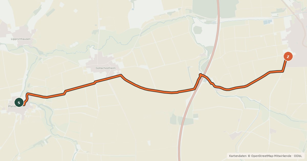 Kartenübersicht der Radroute Pfahlenheim - Gollhofen