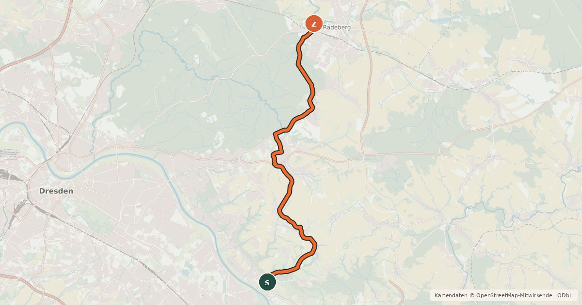 Kartenübersicht der Radroute Pillnitz–Städteroute