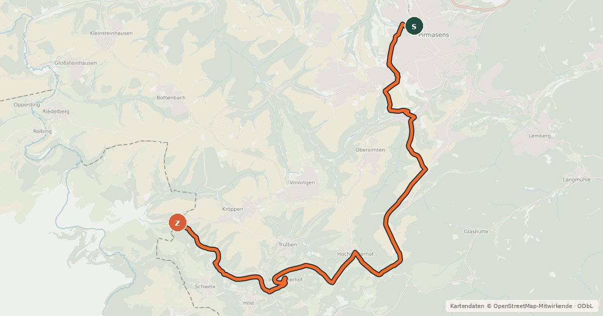 Kartenübersicht der Radroute Pirmasens-Bitche bike path