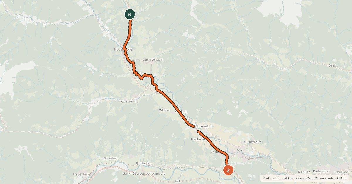Kartenübersicht der Radroute Pölstalradweg