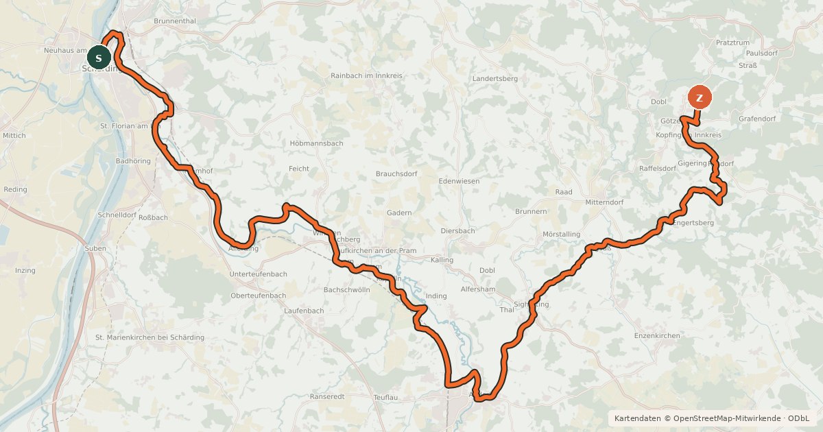 Kartenübersicht der Radroute Pram-Sauwald-Tour
