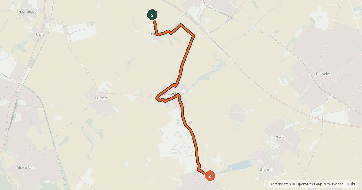 Kartenübersicht der Radroute Pulheim (24) - Bergheim (25)