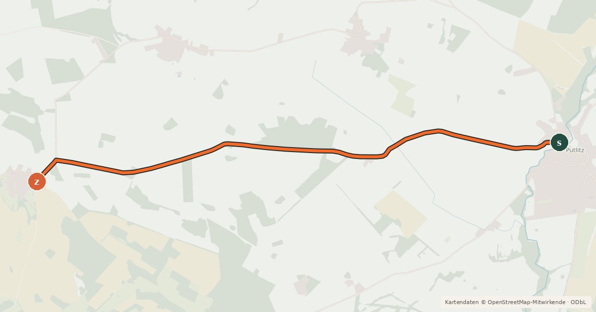 Kartenübersicht der Radroute Putlitz-Berge (70) - Putlitz-Berge (73)