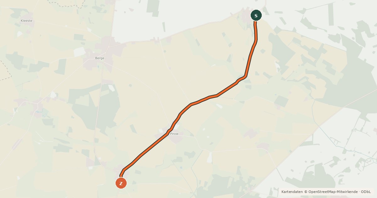 Kartenübersicht der Radroute Putlitz-Berge (73) - Putlitz-Berge (74)