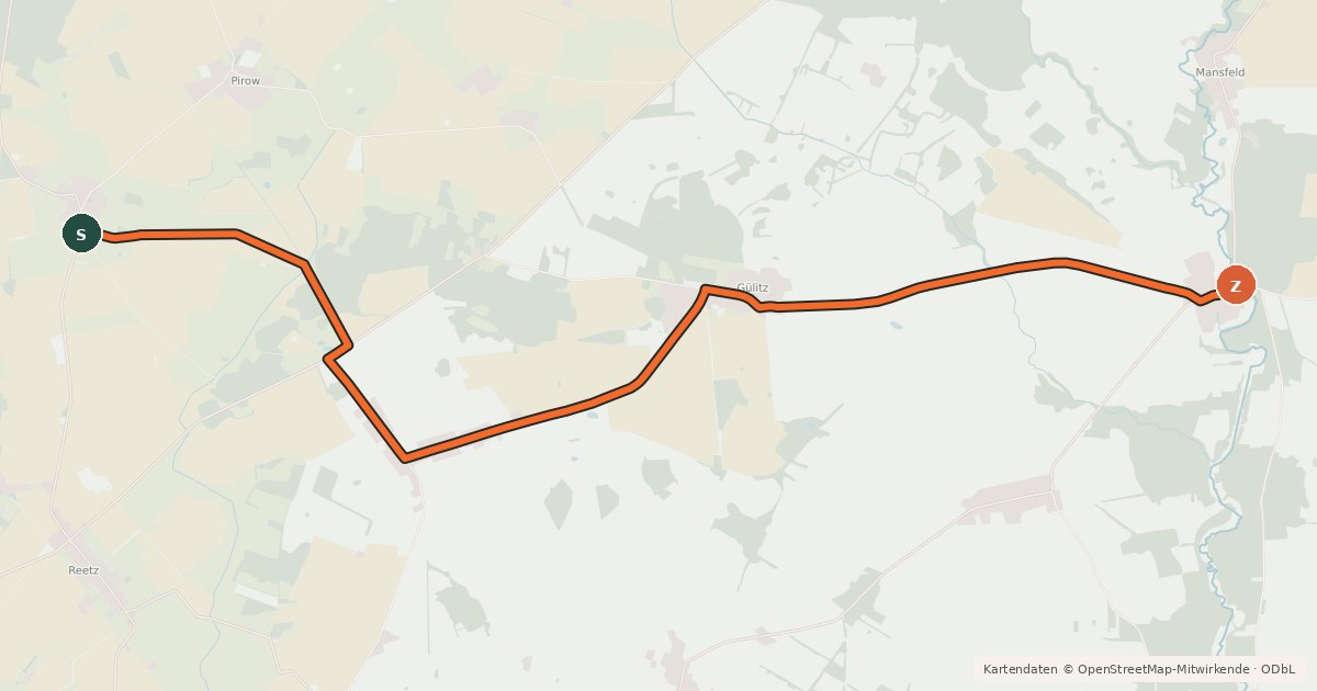 Kartenübersicht der Radroute Putlitz-Berge (74) - Putlitz-Berge (76)