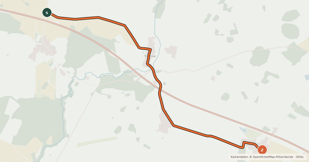 Kartenübersicht der Radroute Putlitz-Berge (79) - Putlitz-Berge (92)