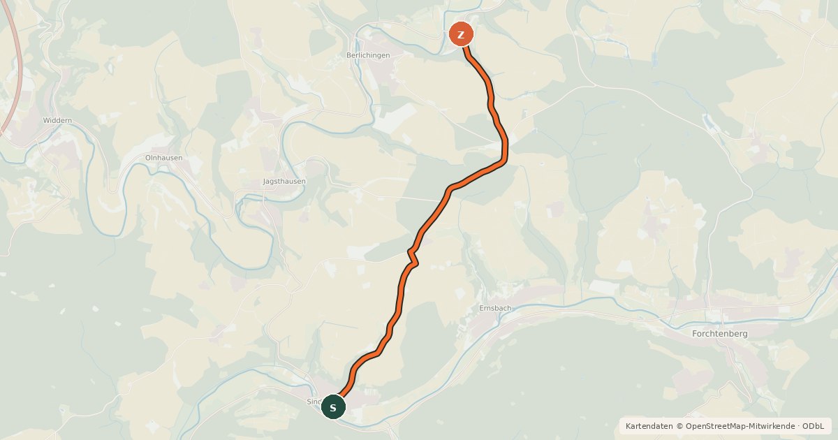 Kartenübersicht der Radroute Q3 Sindringen - Kloster Schöntal