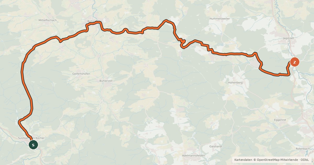 Kartenübersicht der Radroute Querverbindung Q10 (Kocher-Jagst-Radweg)