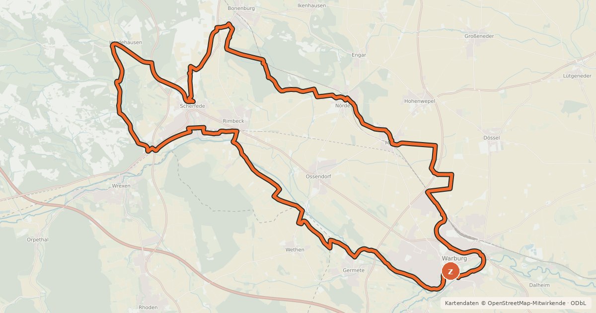 Kartenübersicht der Radroute R1 Hardehausen (Warburg)