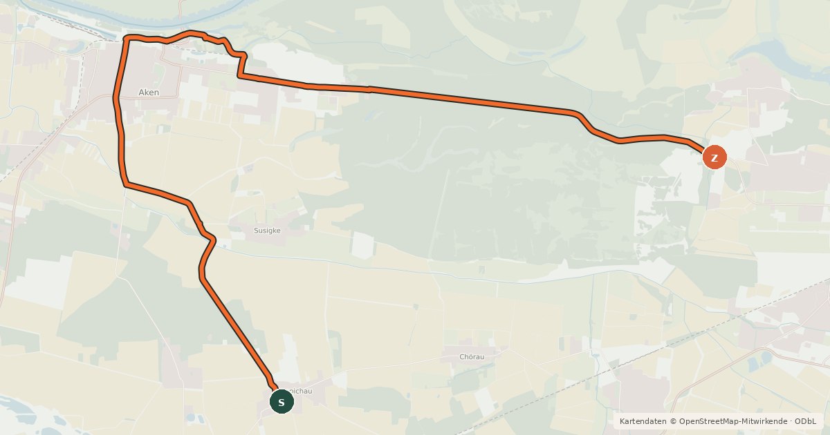 Kartenübersicht der Radroute R1 Nebenroute Aken