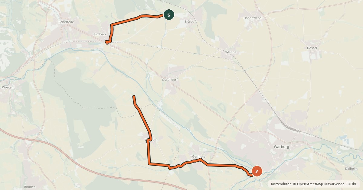 Kartenübersicht der Radroute R1a Hardehausen (Warburg) - Alternativen