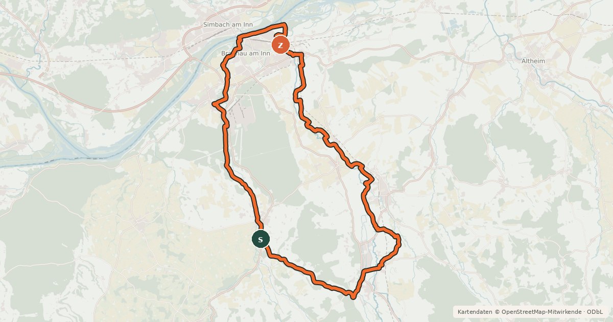 Kartenübersicht der Radroute R201, Genussradtour Variante Braunau
