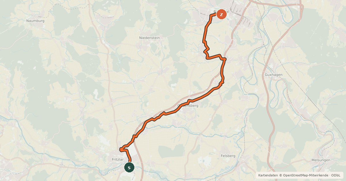 Kartenübersicht der Radroute R21- Chattengauweg