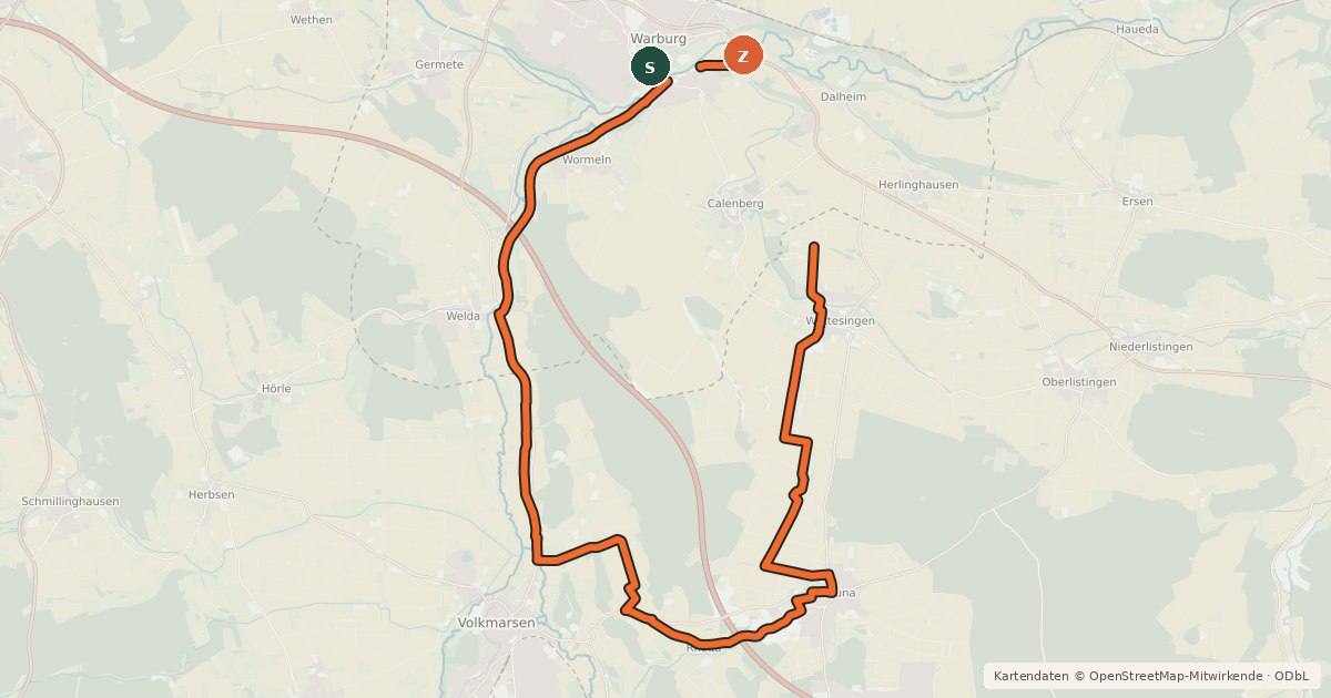 Kartenübersicht der Radroute R3 Breuna-Kugelsburg (Warburg)