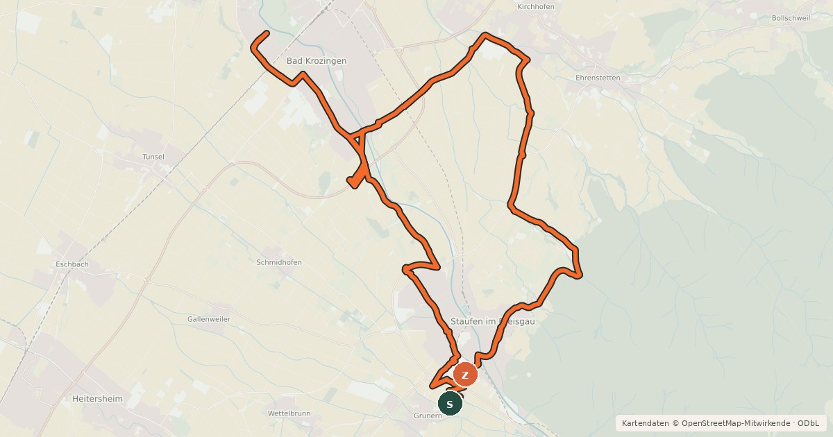 Kartenübersicht der Radroute R6 Bad Krozingen - Staufen - Grunern - Oberambringen