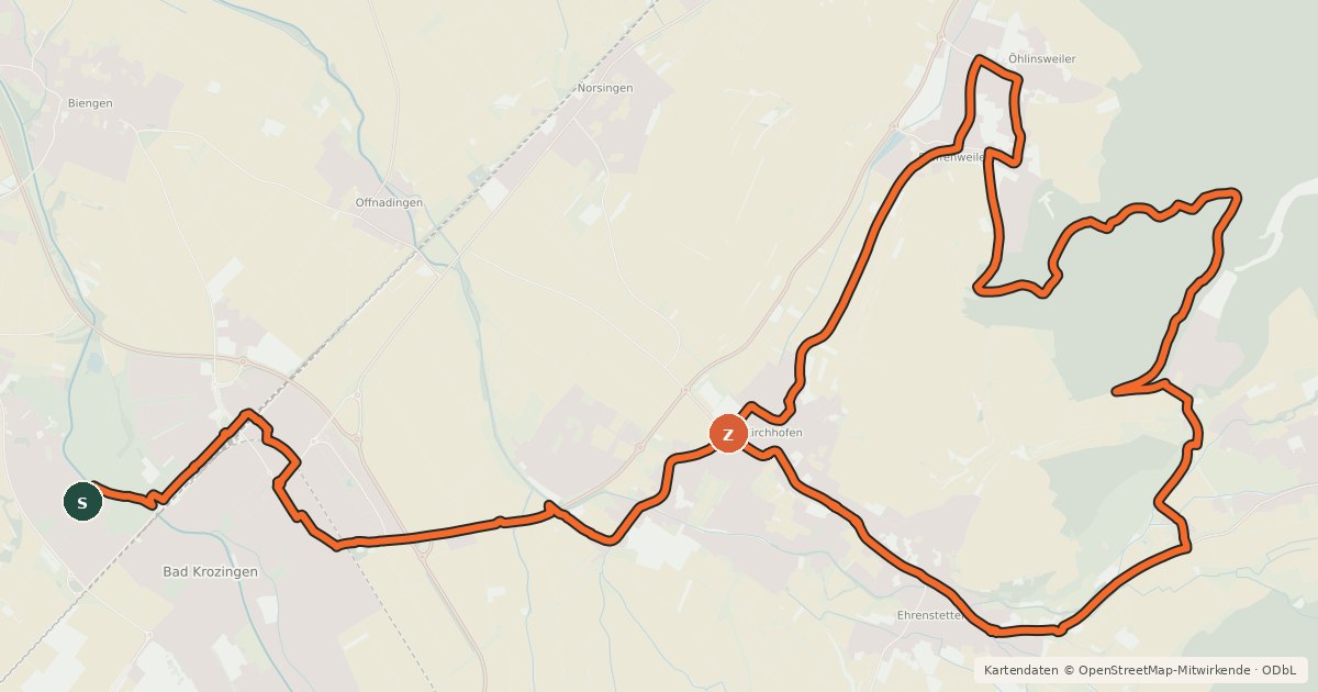Kartenübersicht der Radroute R7 Bad Krozingen - Ehrenstetten - Ellighofen - Pfaffenweiler - Bad Krozingen