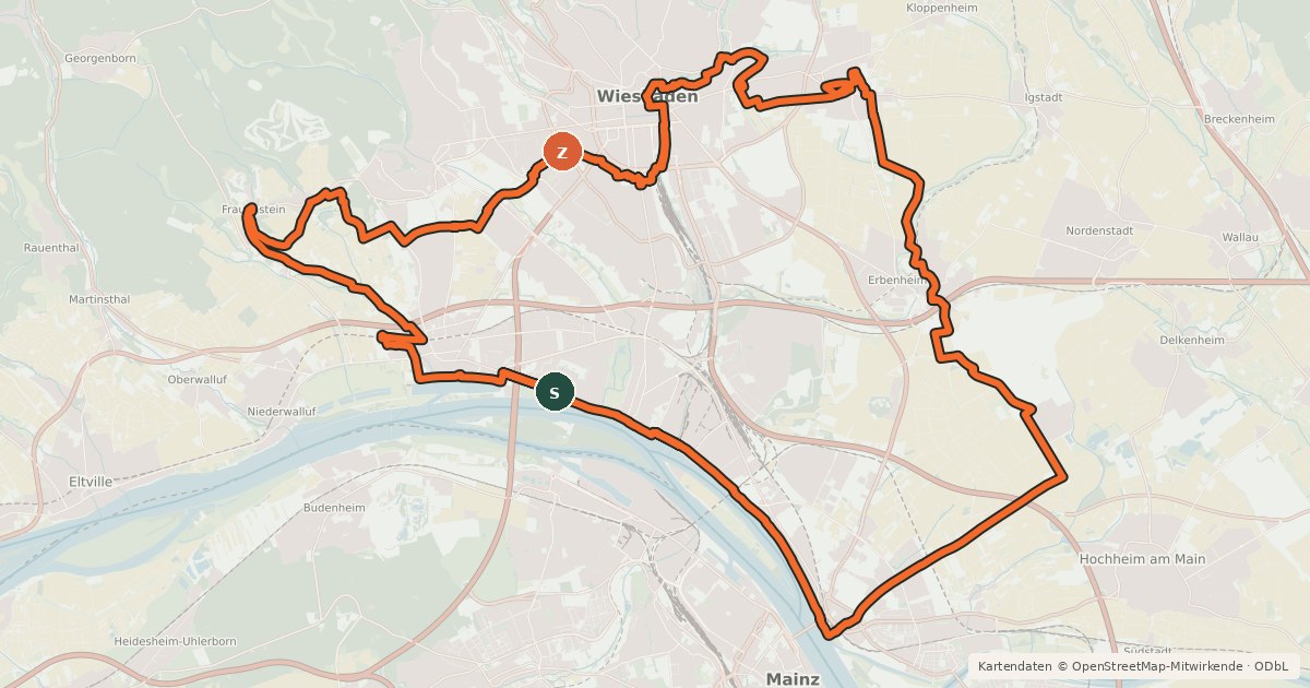 Kartenübersicht der Radroute Radachter Wiesbaden - Südschleife