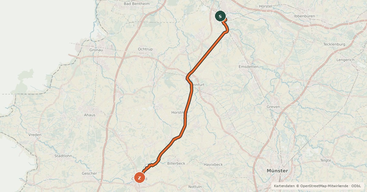 Kartenübersicht der Radroute RadBahn Münsterland